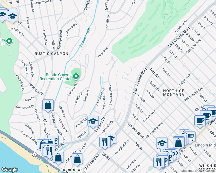 map of restaurants, bars, coffee shops, grocery stores, and more near 677 San Lorenzo Street in Santa Monica
