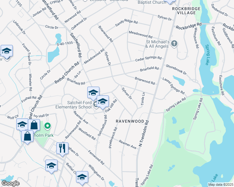 map of restaurants, bars, coffee shops, grocery stores, and more near 6017 Pine Valley Road in Columbia