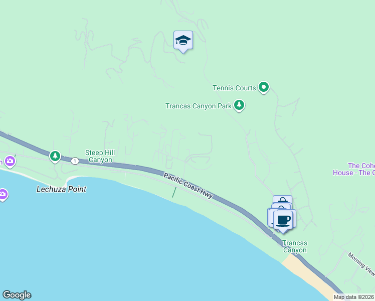 map of restaurants, bars, coffee shops, grocery stores, and more near 31201 Bailard Road in Malibu