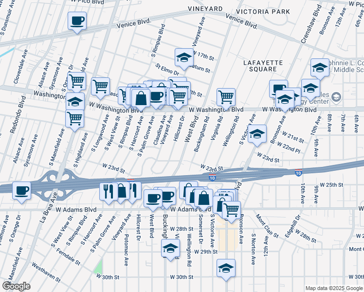 map of restaurants, bars, coffee shops, grocery stores, and more near 2229 West Boulevard in Los Angeles