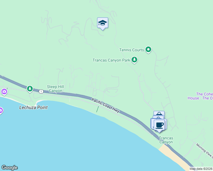 map of restaurants, bars, coffee shops, grocery stores, and more near 31201 Bailard Road in Malibu