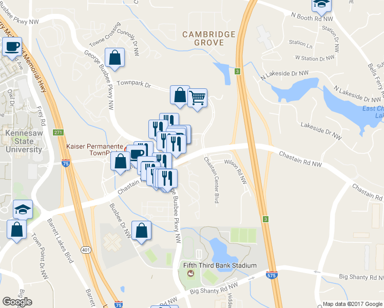 map of restaurants, bars, coffee shops, grocery stores, and more near 600 Chastain Road Northwest in Kennesaw