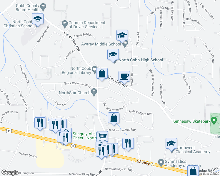 map of restaurants, bars, coffee shops, grocery stores, and more near 3329 Blue Springs Station Northwest in Kennesaw