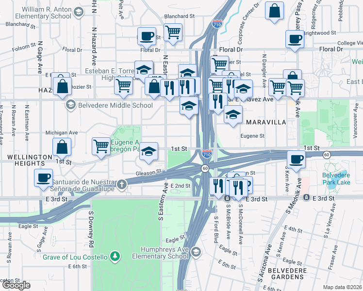 map of restaurants, bars, coffee shops, grocery stores, and more near 4339 1st Street in East Los Angeles
