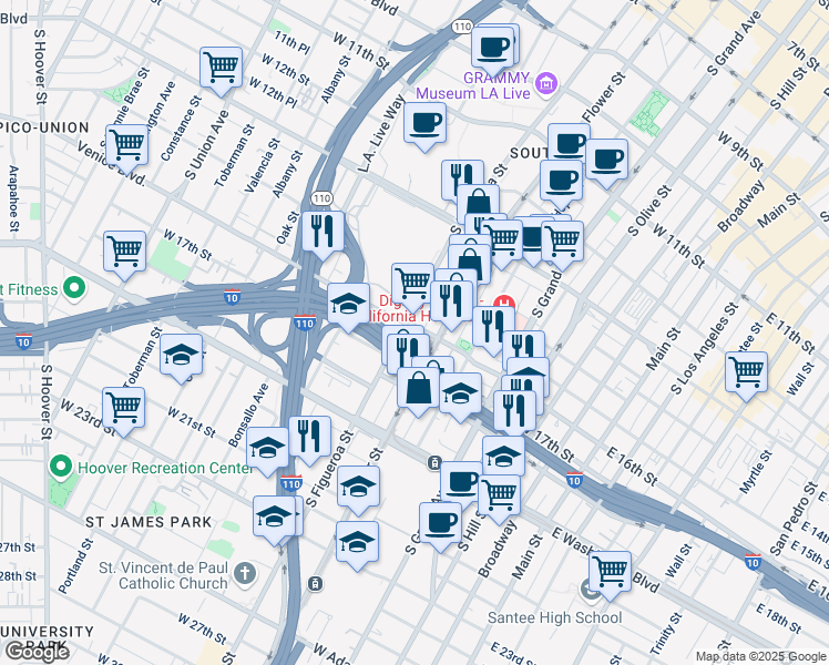 map of restaurants, bars, coffee shops, grocery stores, and more near 1636 South Figueroa Street in Los Angeles