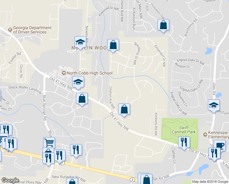 map of restaurants, bars, coffee shops, grocery stores, and more near 3104 Citation Court Northwest in Kennesaw