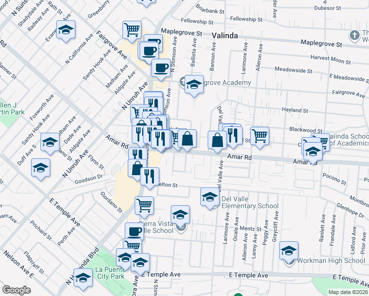map of restaurants, bars, coffee shops, grocery stores, and more near 937 Ballista Avenue in La Puente