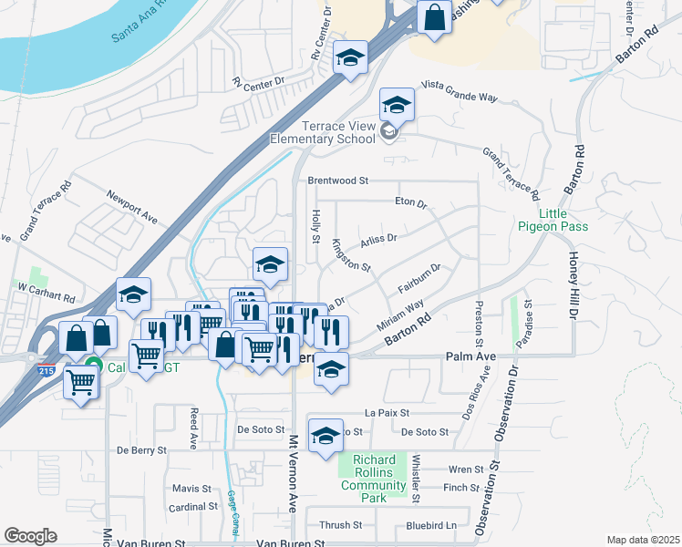 map of restaurants, bars, coffee shops, grocery stores, and more near 11959 Arliss Drive in Grand Terrace