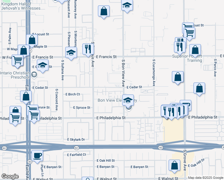map of restaurants, bars, coffee shops, grocery stores, and more near 2034 South Bon View Avenue in Ontario