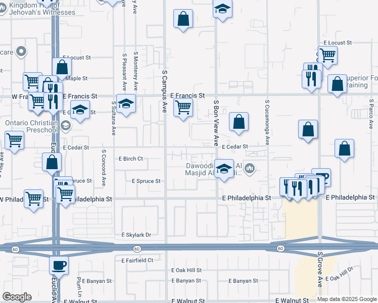 map of restaurants, bars, coffee shops, grocery stores, and more near 2034 South Bon View Avenue in Ontario
