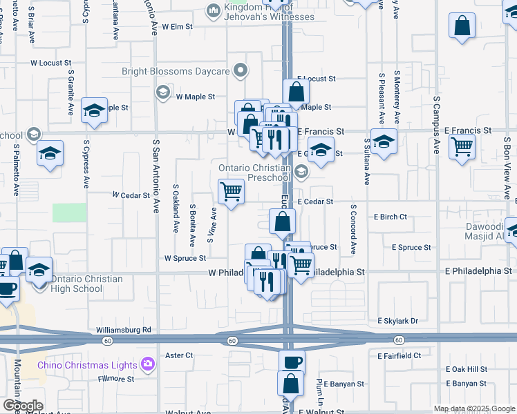 map of restaurants, bars, coffee shops, grocery stores, and more near 2050 South Euclid Avenue in Ontario