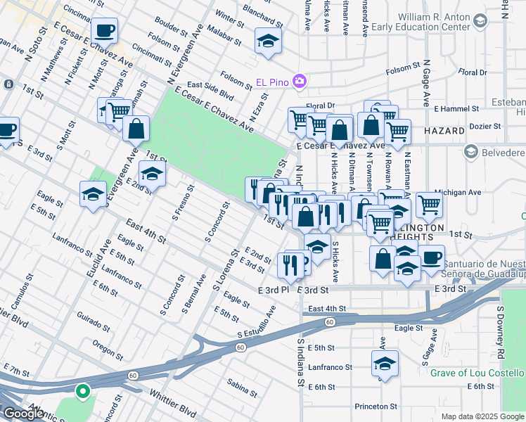 map of restaurants, bars, coffee shops, grocery stores, and more near 3434 East 1st Street in Los Angeles