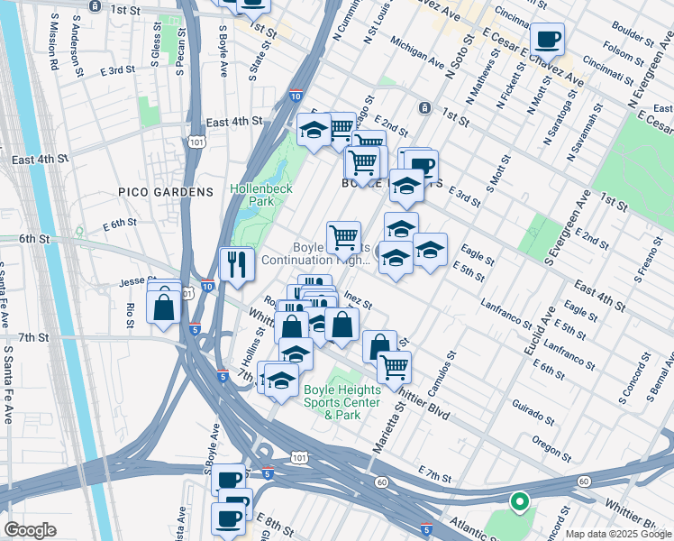 map of restaurants, bars, coffee shops, grocery stores, and more near 2262 Inez Street in Los Angeles