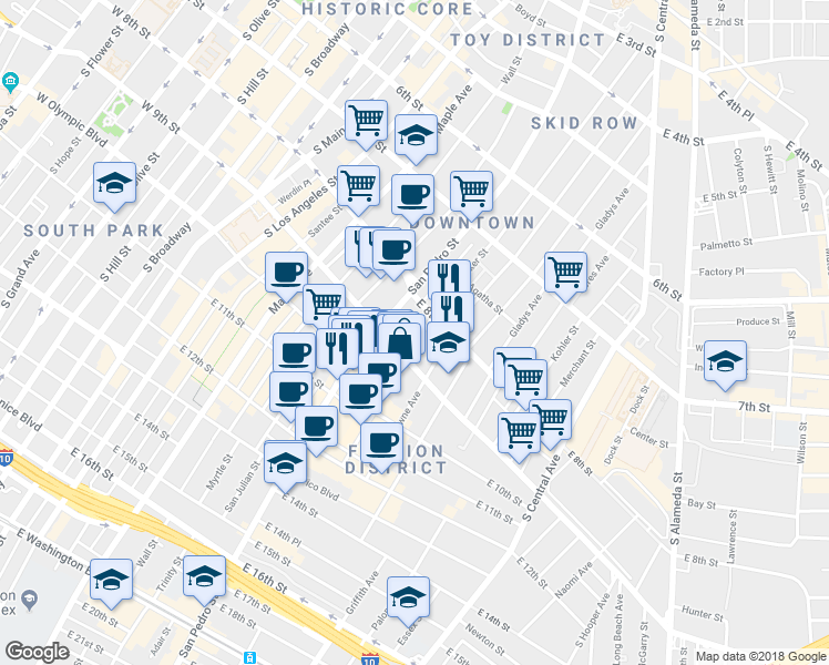 map of restaurants, bars, coffee shops, grocery stores, and more near 721e East 9th Street in Los Angeles