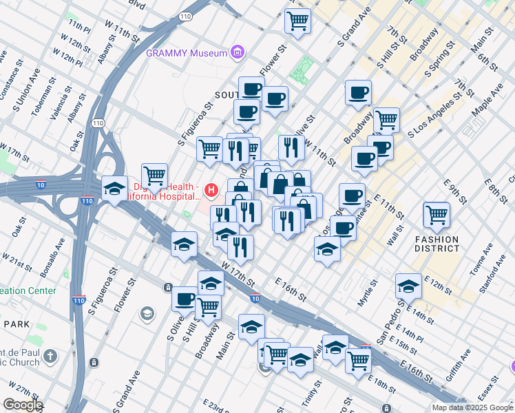 map of restaurants, bars, coffee shops, grocery stores, and more near 1340 South Hill Street in Los Angeles