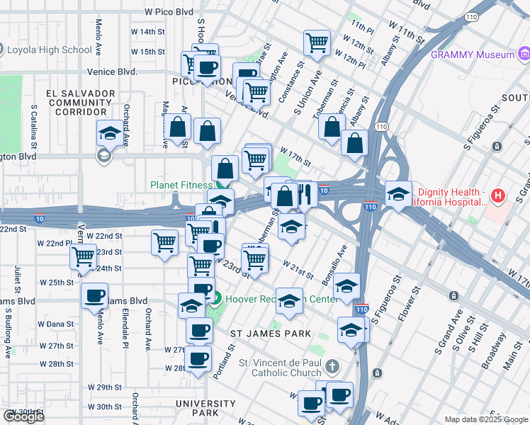 map of restaurants, bars, coffee shops, grocery stores, and more near 1020 West 20th Street in Los Angeles