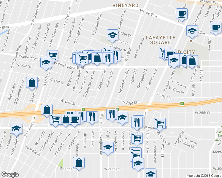 map of restaurants, bars, coffee shops, grocery stores, and more near 2229 West Boulevard in Los Angeles