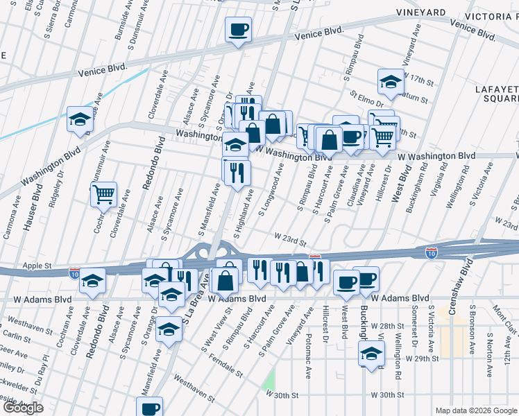 map of restaurants, bars, coffee shops, grocery stores, and more near 2216 South Longwood Avenue in Los Angeles