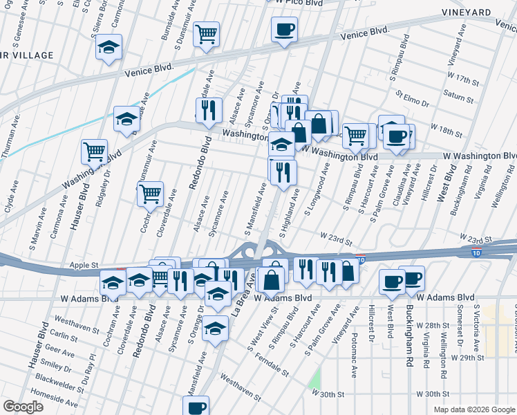 map of restaurants, bars, coffee shops, grocery stores, and more near 2290 South Mansfield Avenue in Los Angeles