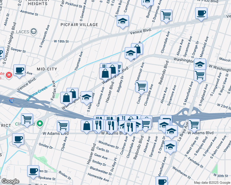 map of restaurants, bars, coffee shops, grocery stores, and more near 2233 South Ridgeley Drive in Los Angeles