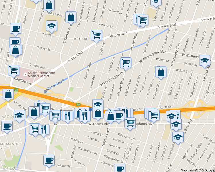 map of restaurants, bars, coffee shops, grocery stores, and more near 2239 South Marvin Avenue in Los Angeles