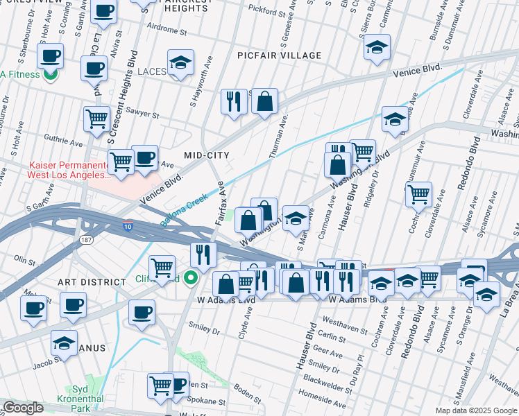 map of restaurants, bars, coffee shops, grocery stores, and more near 2328 Thurman Avenue in Los Angeles