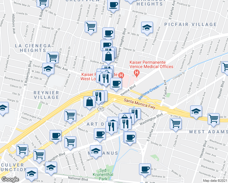 map of restaurants, bars, coffee shops, grocery stores, and more near 6031 Venice Boulevard in Los Angeles