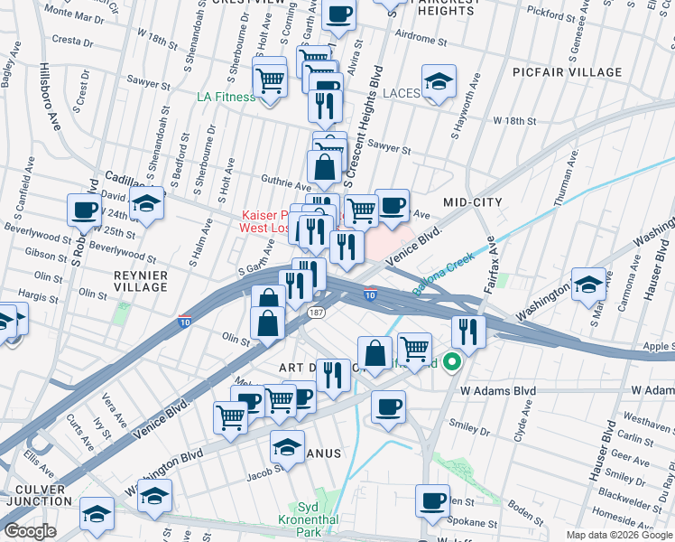 map of restaurants, bars, coffee shops, grocery stores, and more near 6031 Venice Boulevard in Los Angeles
