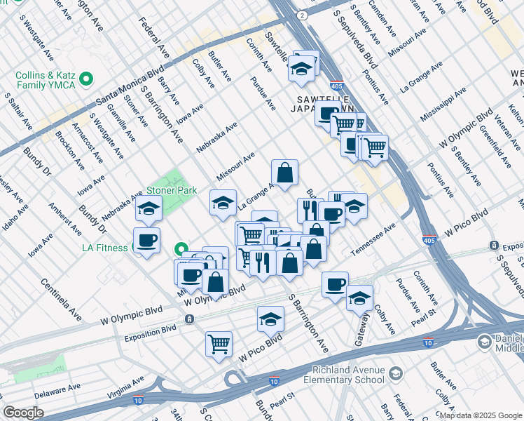 map of restaurants, bars, coffee shops, grocery stores, and more near 2032 South Barrington Avenue in Los Angeles