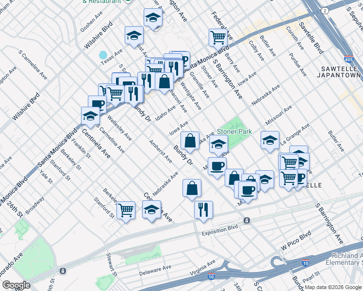 map of restaurants, bars, coffee shops, grocery stores, and more near 1808 South Bundy Drive in Los Angeles