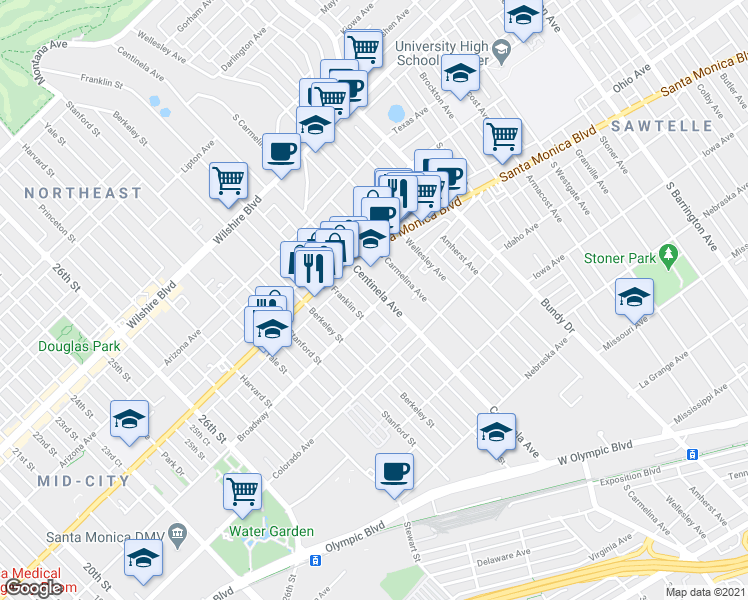 map of restaurants, bars, coffee shops, grocery stores, and more near 1503 Franklin Street in Santa Monica
