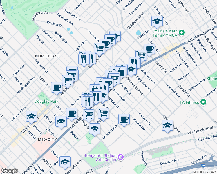 map of restaurants, bars, coffee shops, grocery stores, and more near 3012 Santa Monica Boulevard in Santa Monica