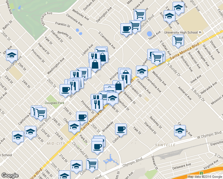 map of restaurants, bars, coffee shops, grocery stores, and more near 1341 Yale Street in Santa Monica