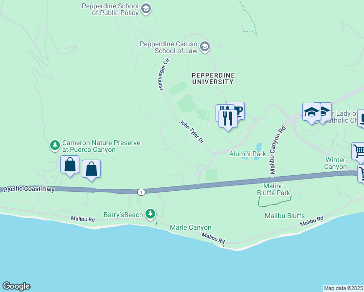 map of restaurants, bars, coffee shops, grocery stores, and more near 3806 Malibu Country Drive in Malibu