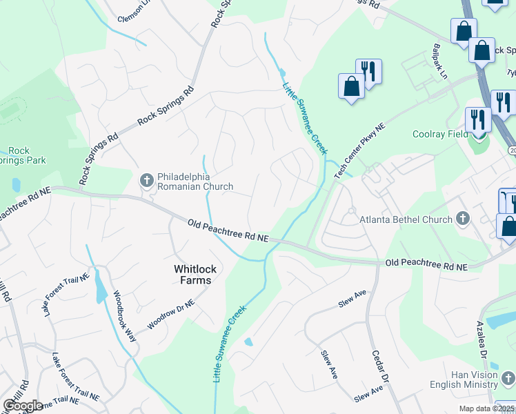 map of restaurants, bars, coffee shops, grocery stores, and more near 2645 Sandstone Drive in Lawrenceville