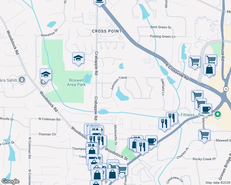 map of restaurants, bars, coffee shops, grocery stores, and more near 510 Junction Point in Roswell