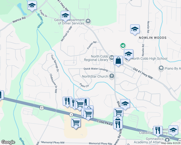 map of restaurants, bars, coffee shops, grocery stores, and more near 3484 Northfield Way in Kennesaw