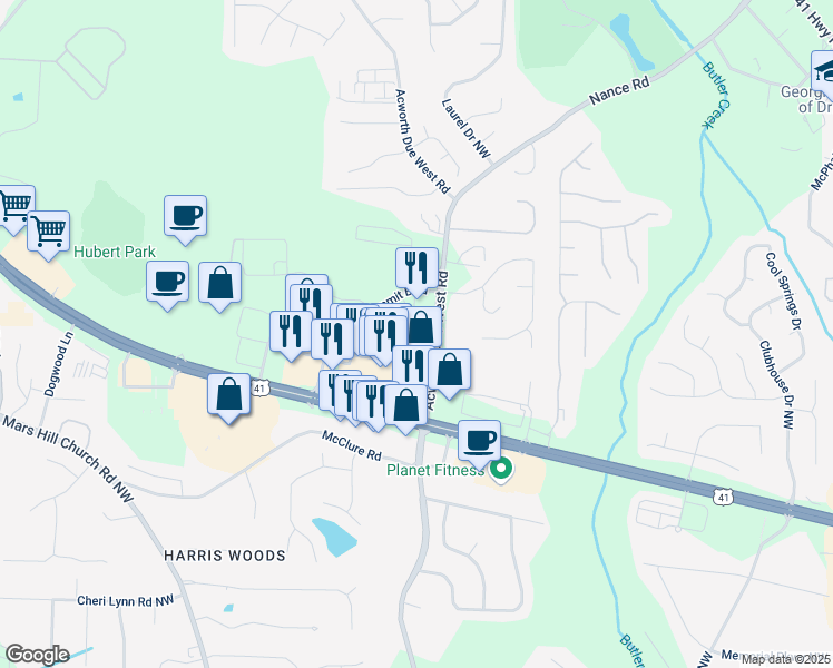 map of restaurants, bars, coffee shops, grocery stores, and more near 3459 Acworth Due West Road in Acworth
