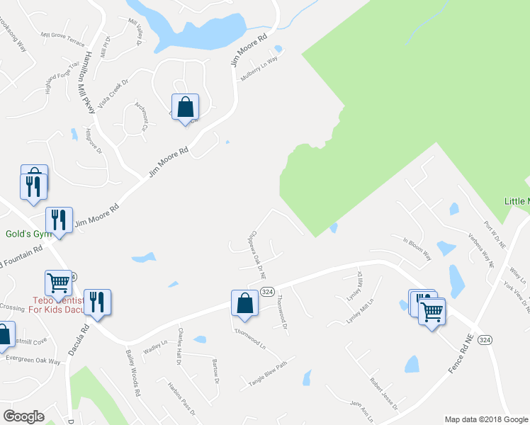 map of restaurants, bars, coffee shops, grocery stores, and more near 1166 Chippewa Oak Drive Northeast in Dacula
