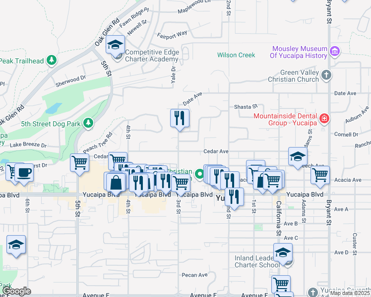 map of restaurants, bars, coffee shops, grocery stores, and more near 34728 Cedar Avenue in Yucaipa