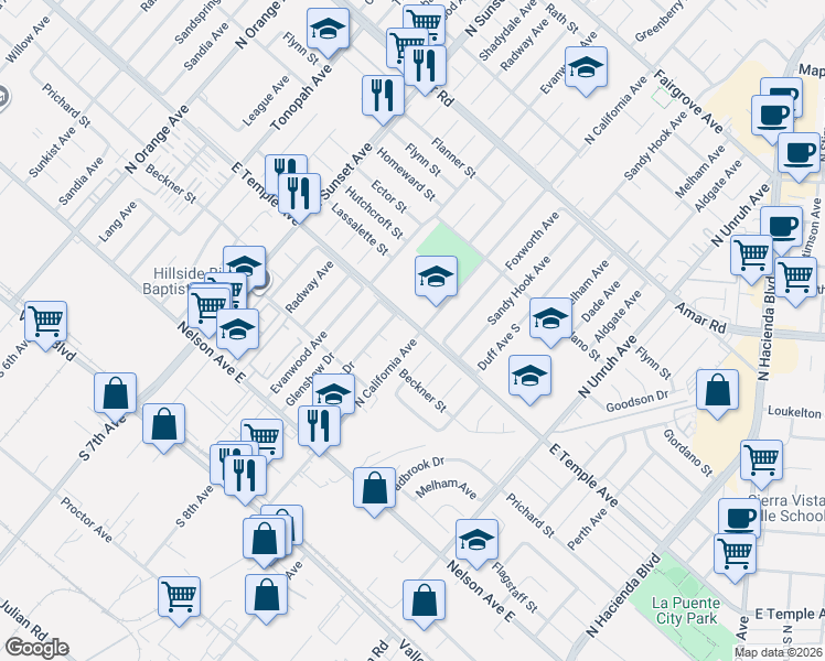 map of restaurants, bars, coffee shops, grocery stores, and more near 14862 East Temple Avenue in La Puente