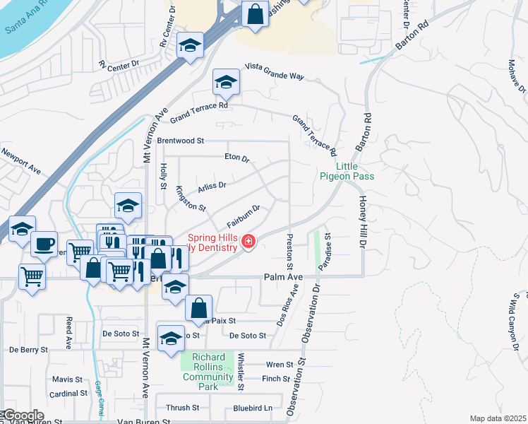 map of restaurants, bars, coffee shops, grocery stores, and more near 22890 Miriam Way in Grand Terrace