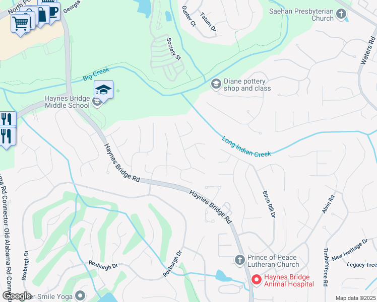map of restaurants, bars, coffee shops, grocery stores, and more near 10445 Stanyan Street in Alpharetta
