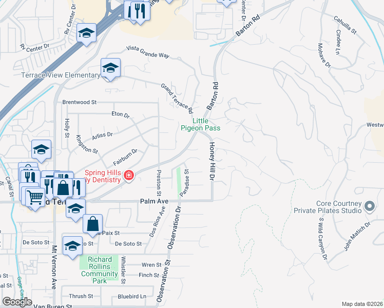 map of restaurants, bars, coffee shops, grocery stores, and more near 23024 Merle Court in Grand Terrace