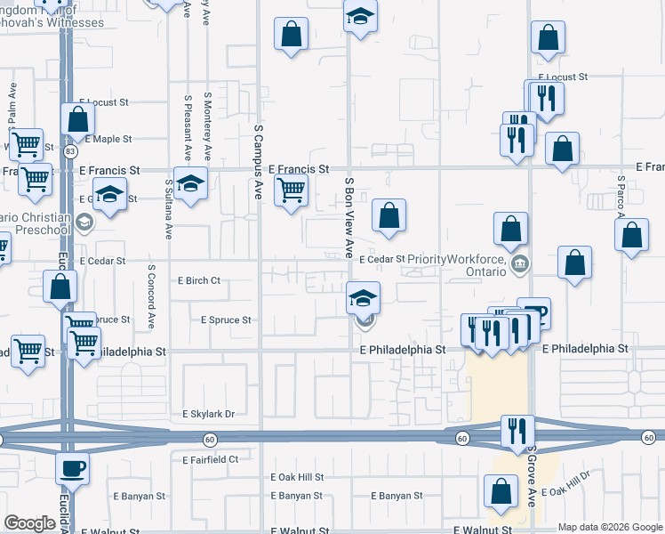map of restaurants, bars, coffee shops, grocery stores, and more near 840 East Cedar Street in Ontario