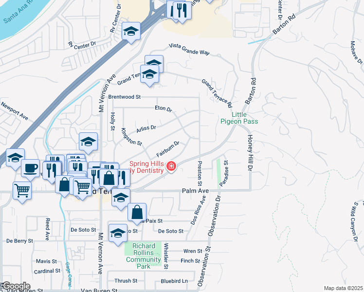 map of restaurants, bars, coffee shops, grocery stores, and more near 22890 Miriam Way in Grand Terrace