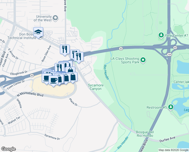 map of restaurants, bars, coffee shops, grocery stores, and more near 544 Darlington Street in Rosemead