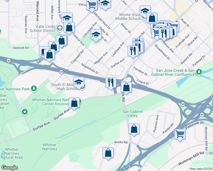 map of restaurants, bars, coffee shops, grocery stores, and more near 6 Eagles Nest Drive in South El Monte