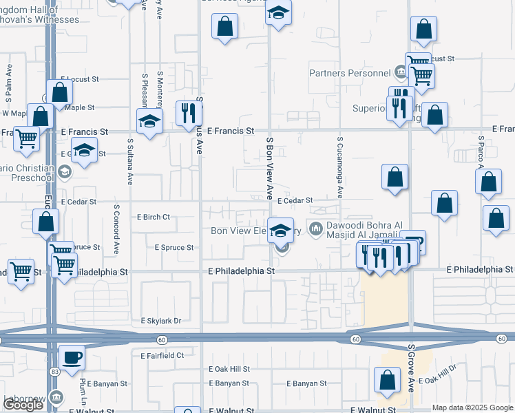 map of restaurants, bars, coffee shops, grocery stores, and more near 840 East Cedar Street in Ontario