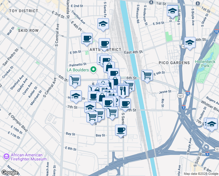 map of restaurants, bars, coffee shops, grocery stores, and more near 645 Imperial Street in Los Angeles